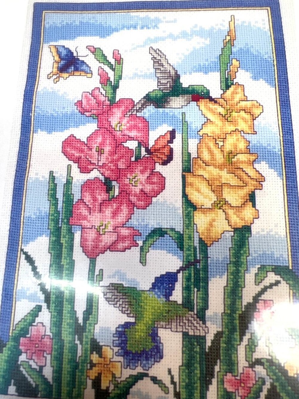 Floral Hummingbird Cross Stitch Wall Art - Pink & Yellow